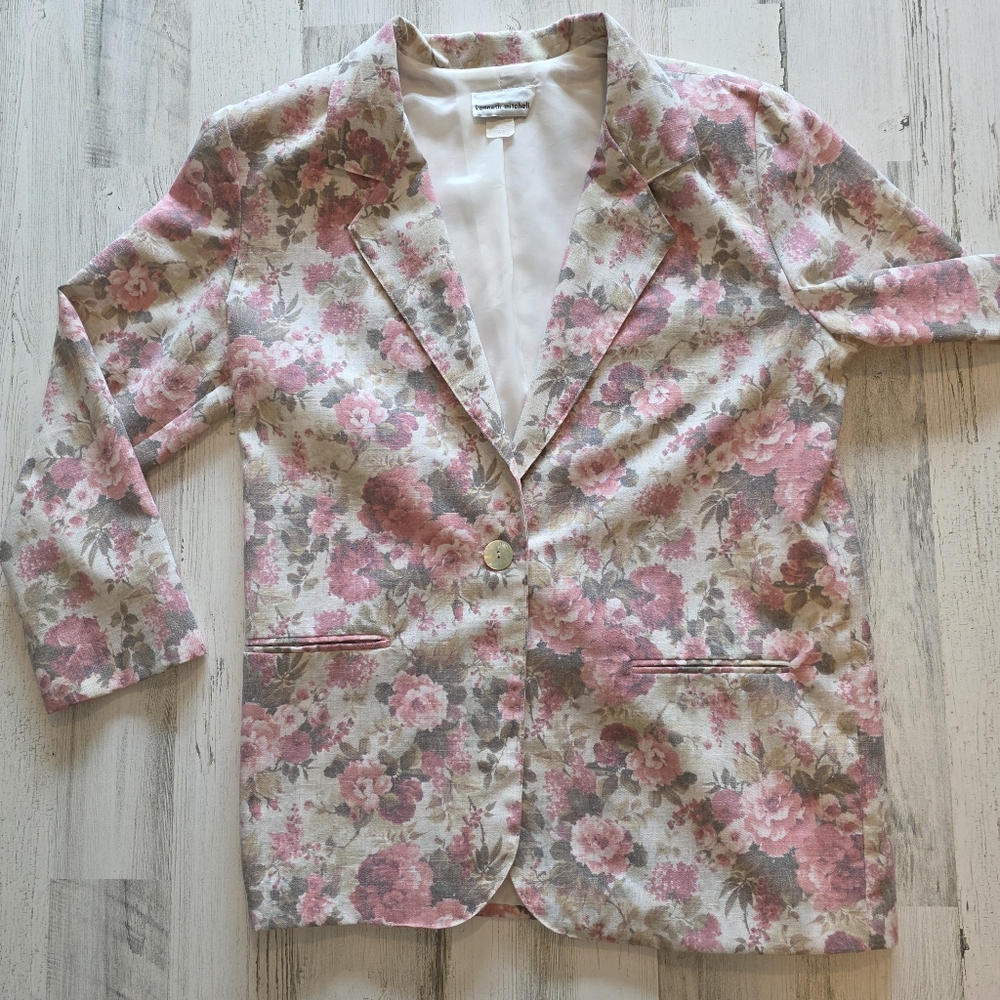 Vintage Kenneth Mitchell Floral Blazer Women’s Size 12M Linen Look Button Front